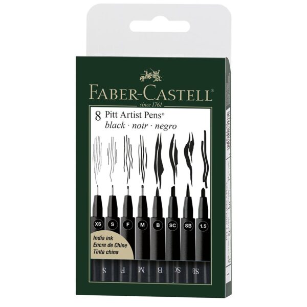 Faber Castell Pitt Artist Pen Sets - Black Wallet Set of 8