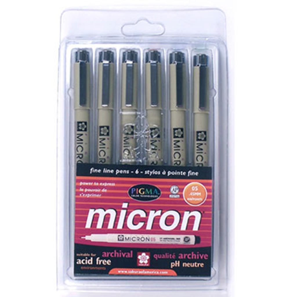 Pigma Micron fineliner set, 6 sizes, black